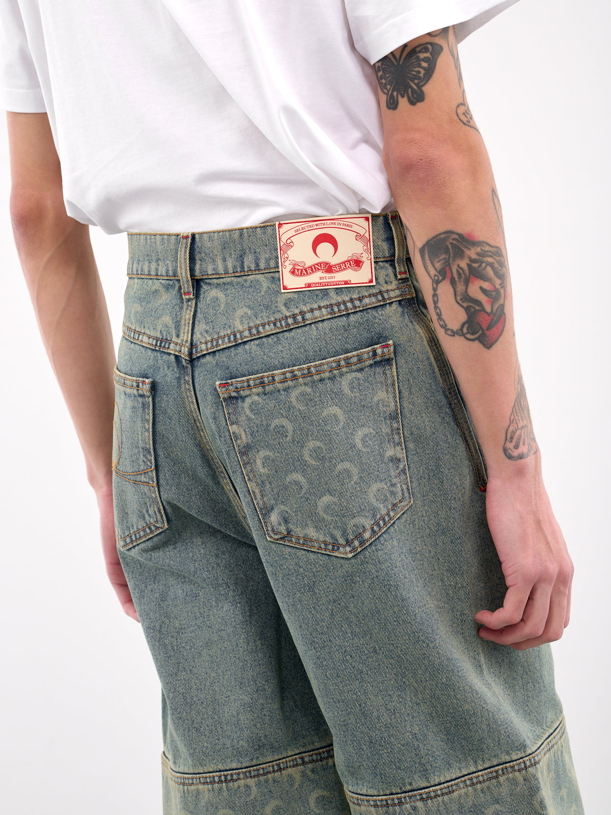 Moon Laser Denim Skater Shorts (USH004A-CDEN0003-LIGHT-BEIGE)