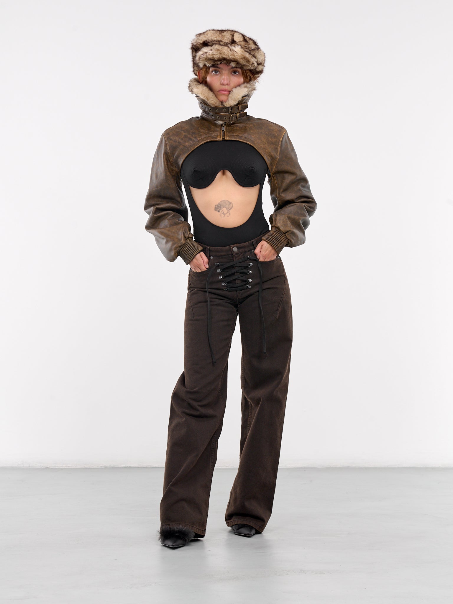 Cropped Leather Bomber Jacket (VAQ08J007-VEILLI-BROWN)