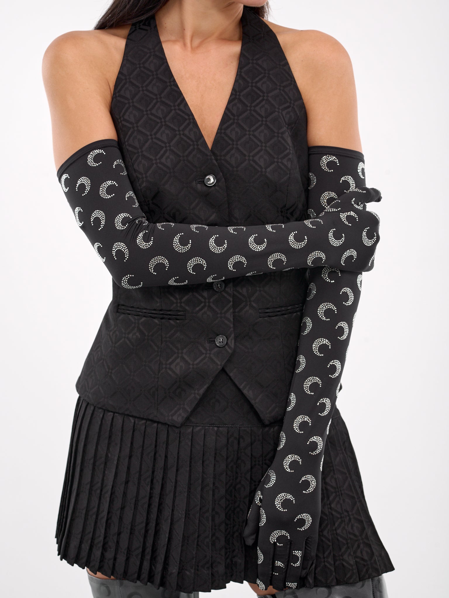 Recycled Moon Strass Long Gloves (WSA024A-CJER0002-BLACK-STRASS)