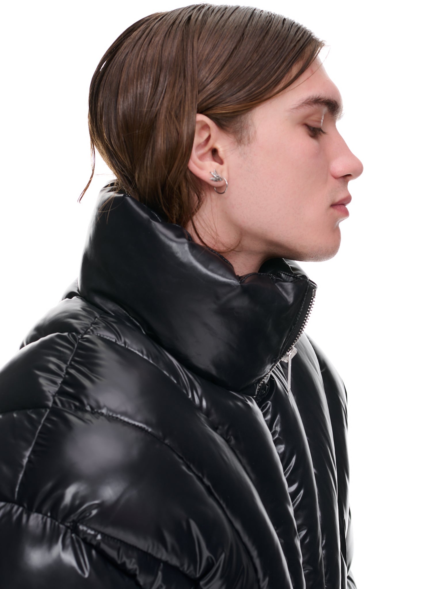 Glossy High Neck Long Sleeve Cropped Down Puffer Coat - Black, XL / Black